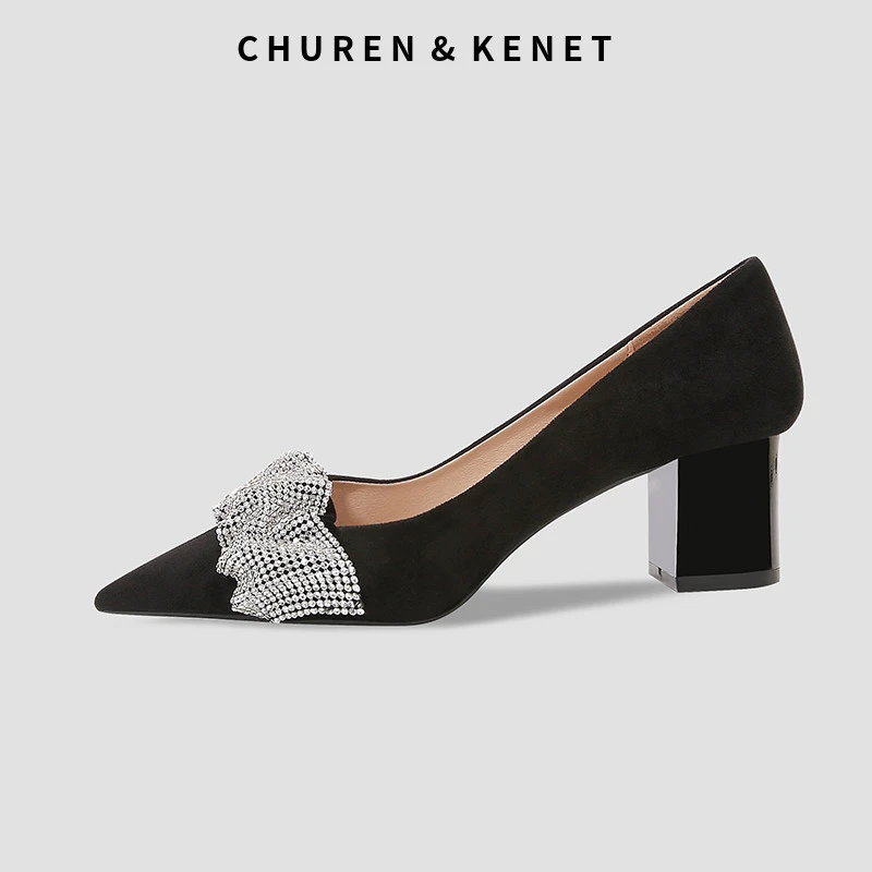 CHUREN&KENET小CK绒面黑色水钻高跟鞋女粗跟尖头浅口气质职业单鞋
