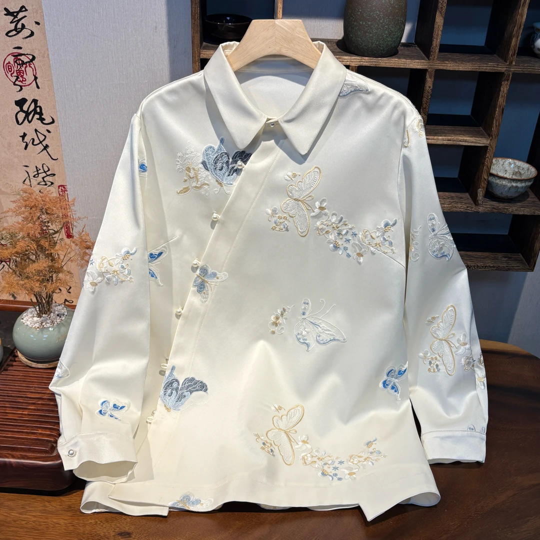 YUEZHE国风刺绣设计款衬衫女2025冬季中式时尚休闲百搭长袖衬衣