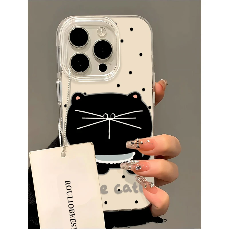 欧克里里波点大脸猫咪适用苹果16奶油手机壳华为P70vivo小米oppo