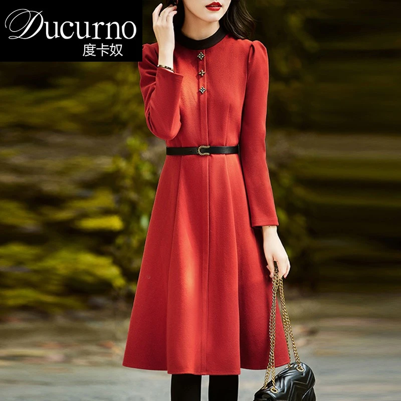 毛呢连衣裙女2025年秋季新款高级感气质洋气收腰显瘦红色长袖裙子