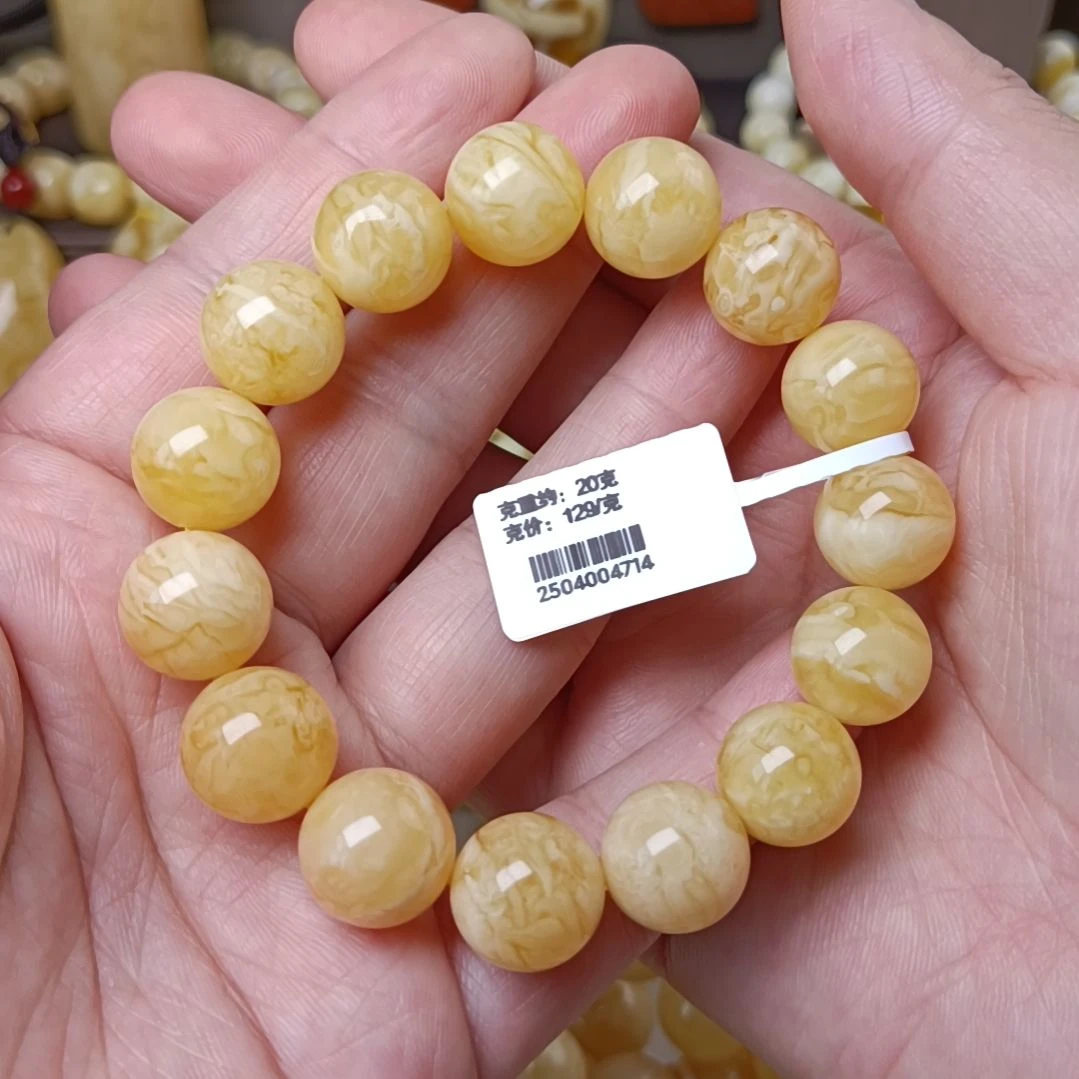未镶嵌蜜蜡手链13大加圆珠浓蜡虎皮纹千层雪手围15.5高货毕业级