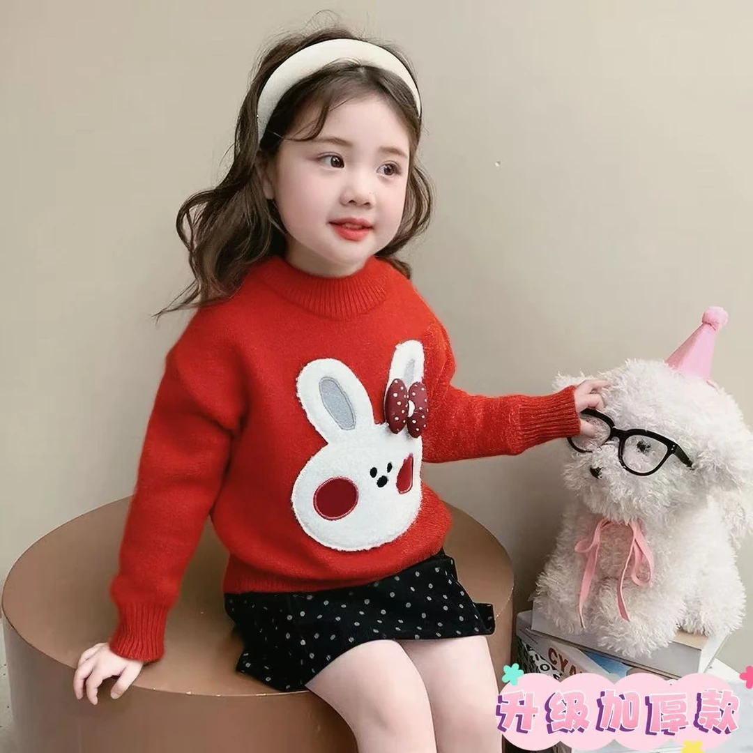 年款女童毛衣冬季可爱立体蝴蝶节兔子套头红色儿童女宝宝冬针织衫