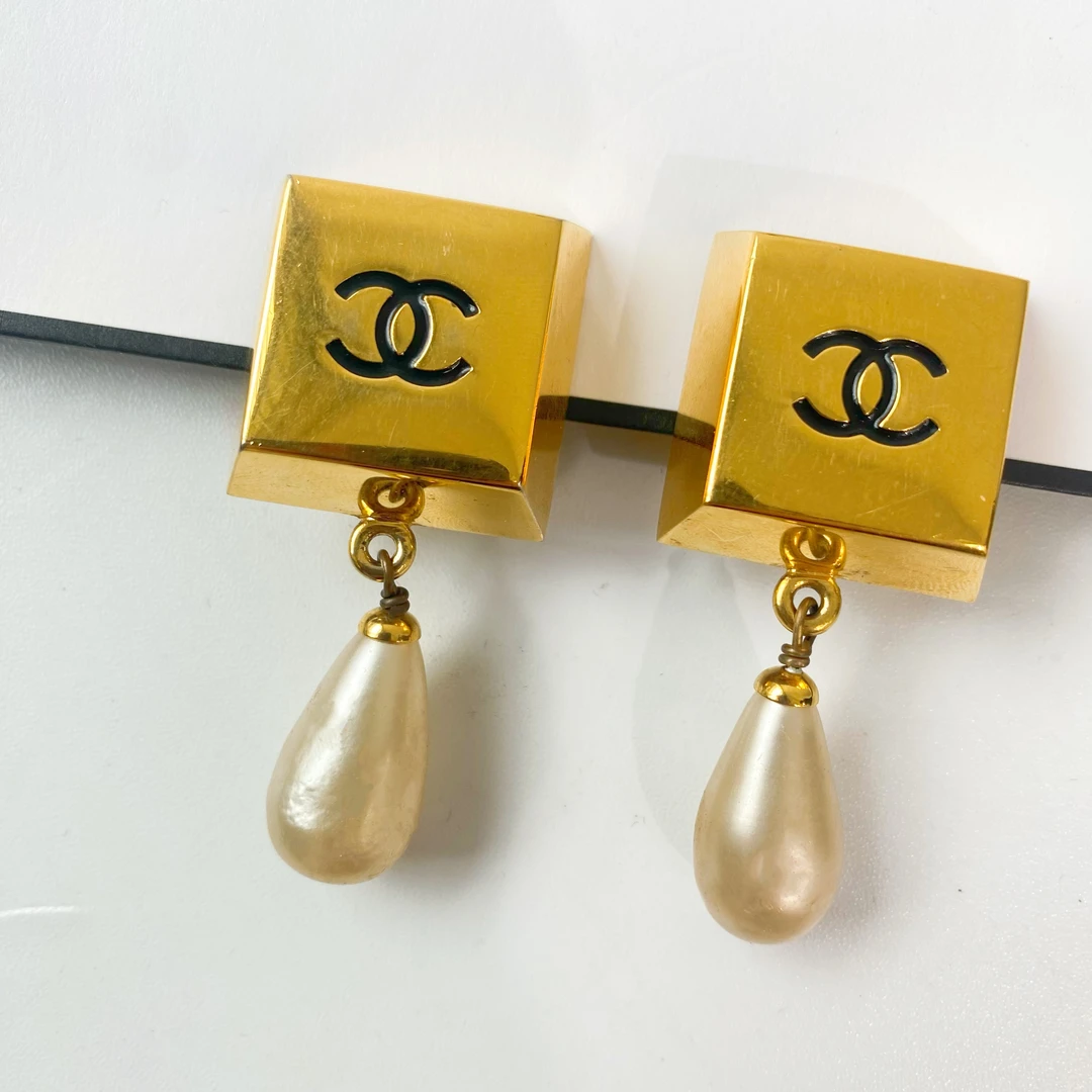 95新 Chanel/香奈儿 Chanel vintage香奈儿黑金方块珍珠耳夹