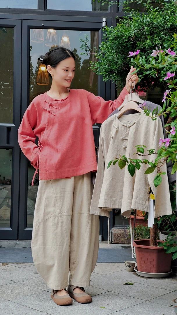 七初的布衣  秋季砂洗棉麻圆领系盘扣斜襟上衣