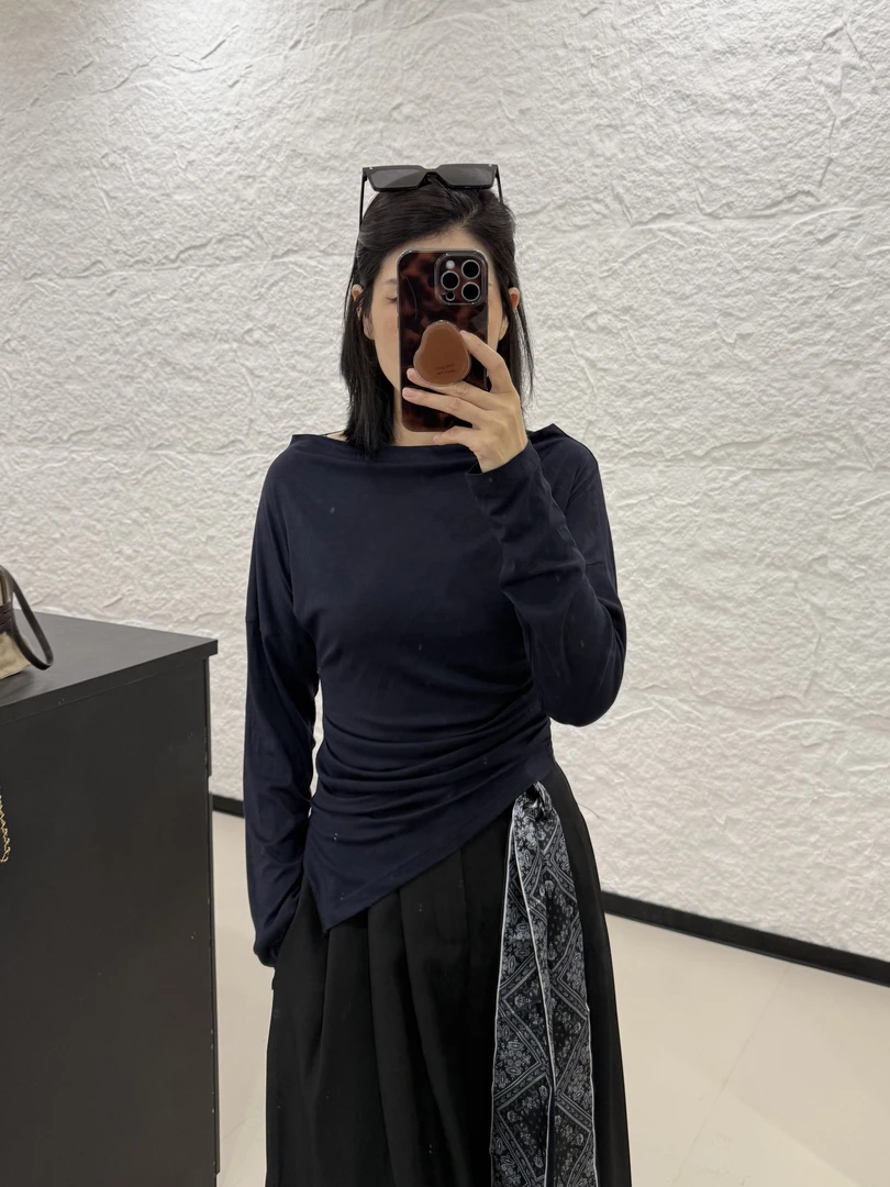 极简风长袖衬衫袖修身型螺纹T恤设计感美式小香风0003