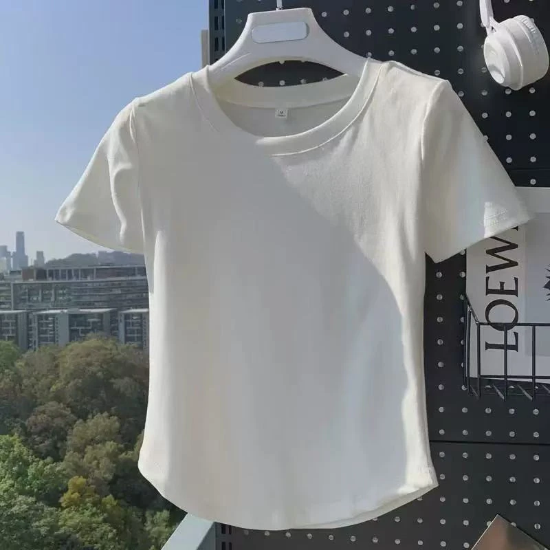 修身弧形下摆短袖t恤女夏季新款洋简约百搭显瘦上衣C079