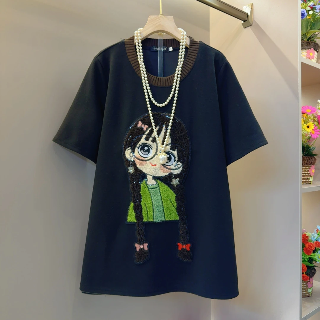 欧韩卡通拼色眼镜女孩蝴蝶结毛巾绣T恤衣长75左右