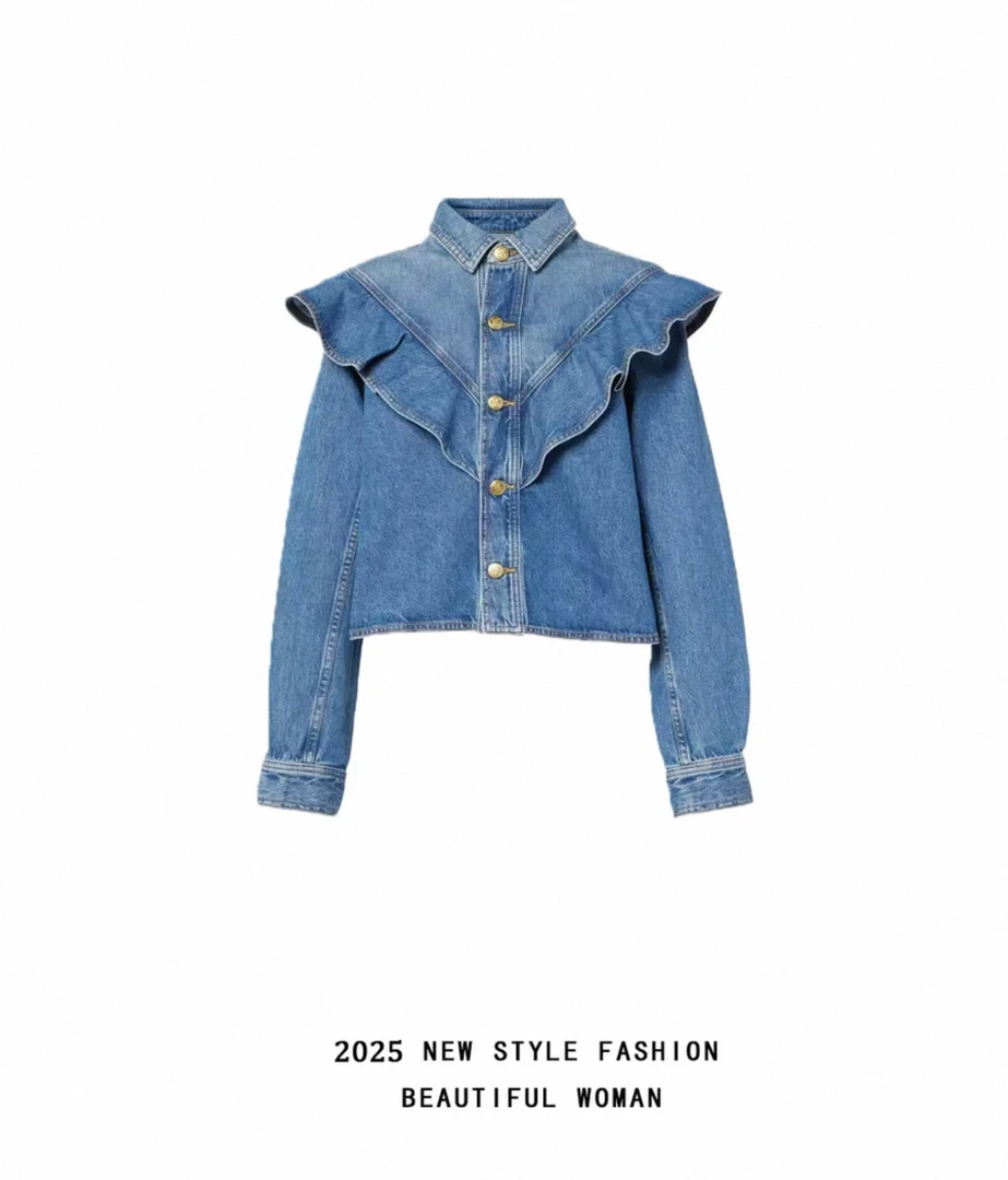 【现货】减龄洋气衬衫2025新款高级感气质荷叶边拼接设计牛仔外套女