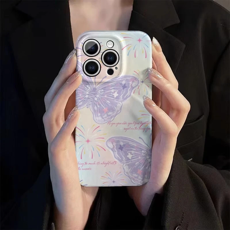 菲林软壳防摔烟花蝴蝶适用苹果16华为oppo小米15vivox200pro1加