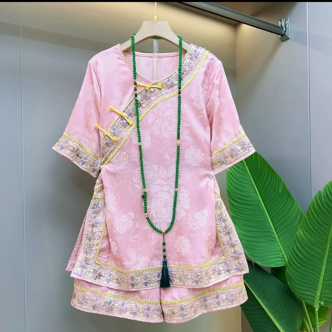 芃芃8602（短裤套装））夏季大码新中式国风拼接织带上衣+短裤俩件套