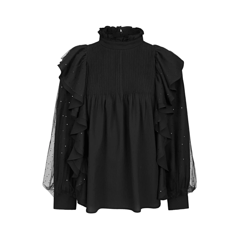 圣迪奥圆领网纱灯笼袖荷叶边洋气黑色高端气质通勤衬衫S231Z0527