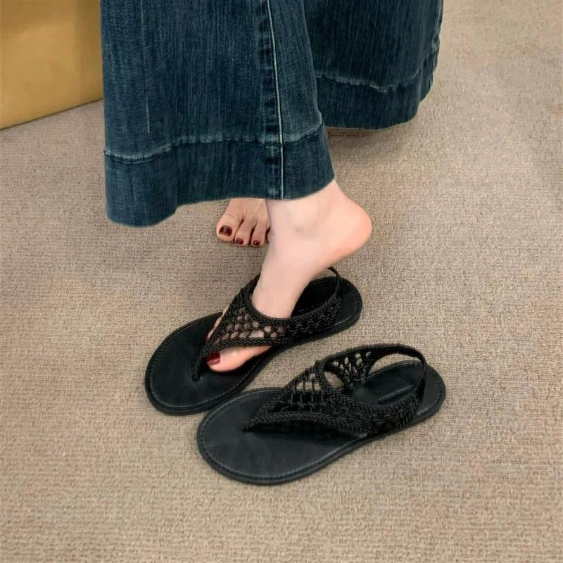 法式网面平底夹趾凉鞋女鞋子2025新款夏季小众休闲度假沙滩罗马鞋