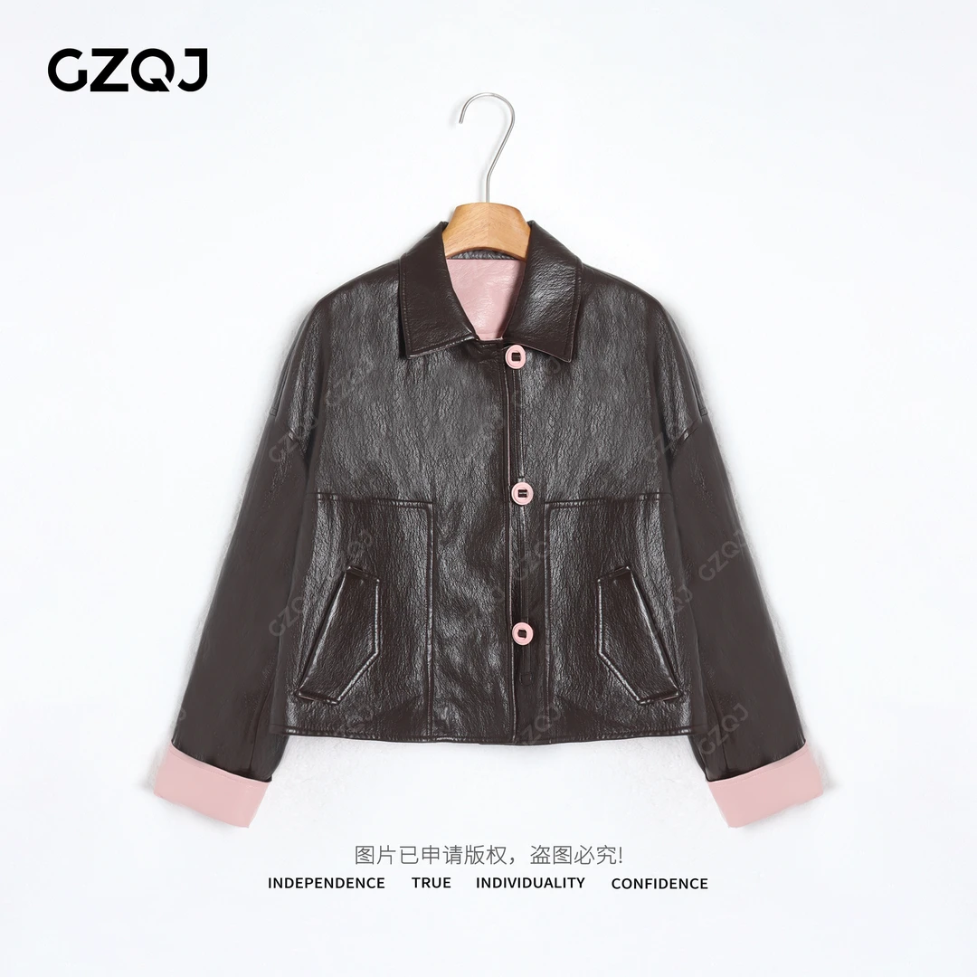 老琴私服【美拉德皮衣】复古美式显瘦拼色翻领皮衣外套女秋96536