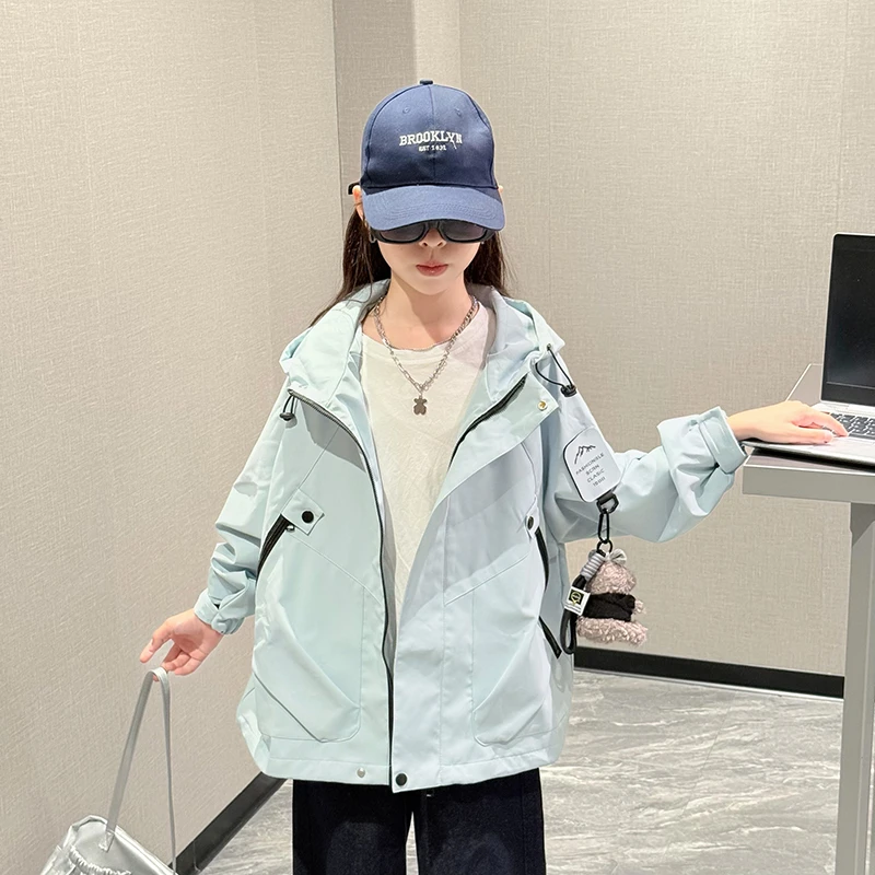 女童连帽外套春秋款韩版洋气女孩夹克中大童休闲户外防风冲锋衣潮
