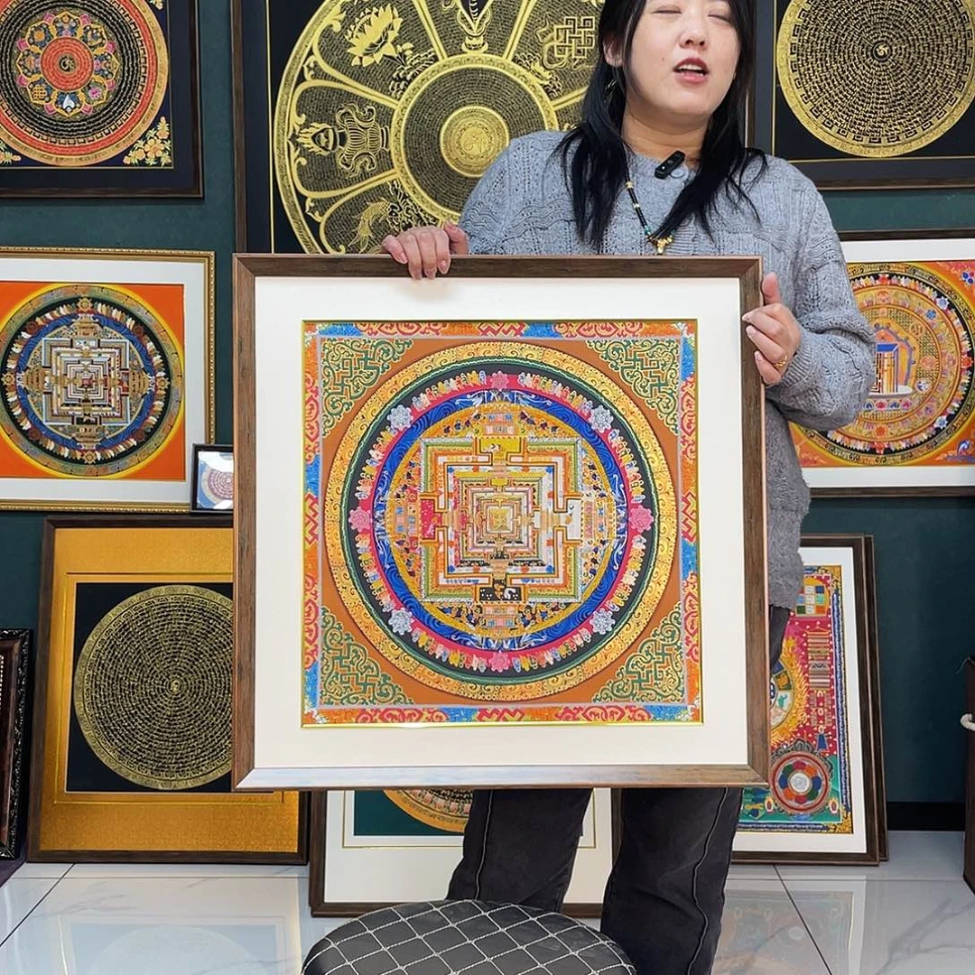 卷轴画时轮金刚坛城唐卡带框63厘米