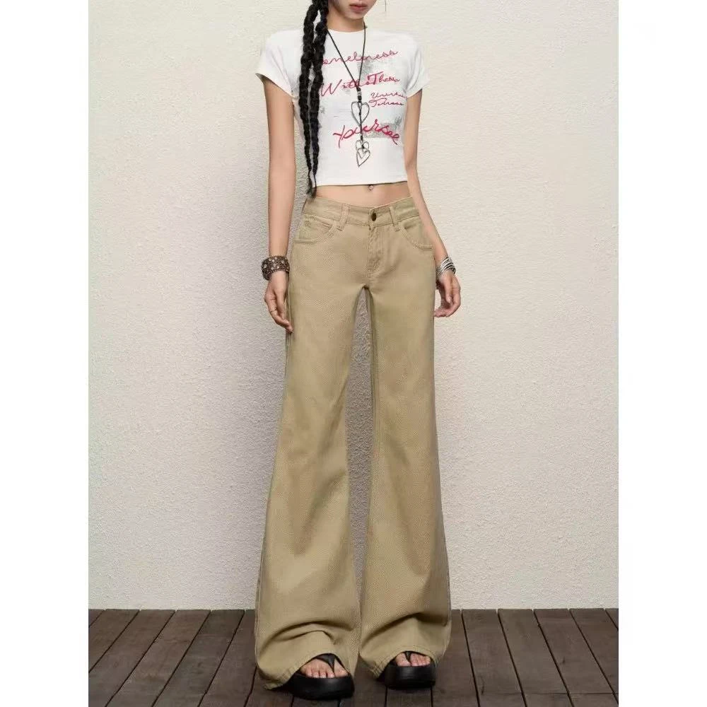美式复古卡其色低腰牛仔裤女2025秋冬新款辣妹不贴腿微喇阔腿长裤