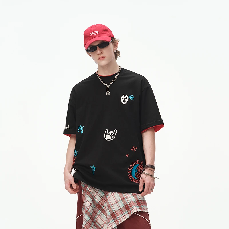 【INXX】时尚潮牌立体组合甲骨文绣花短袖T恤男女同款XRF2010804