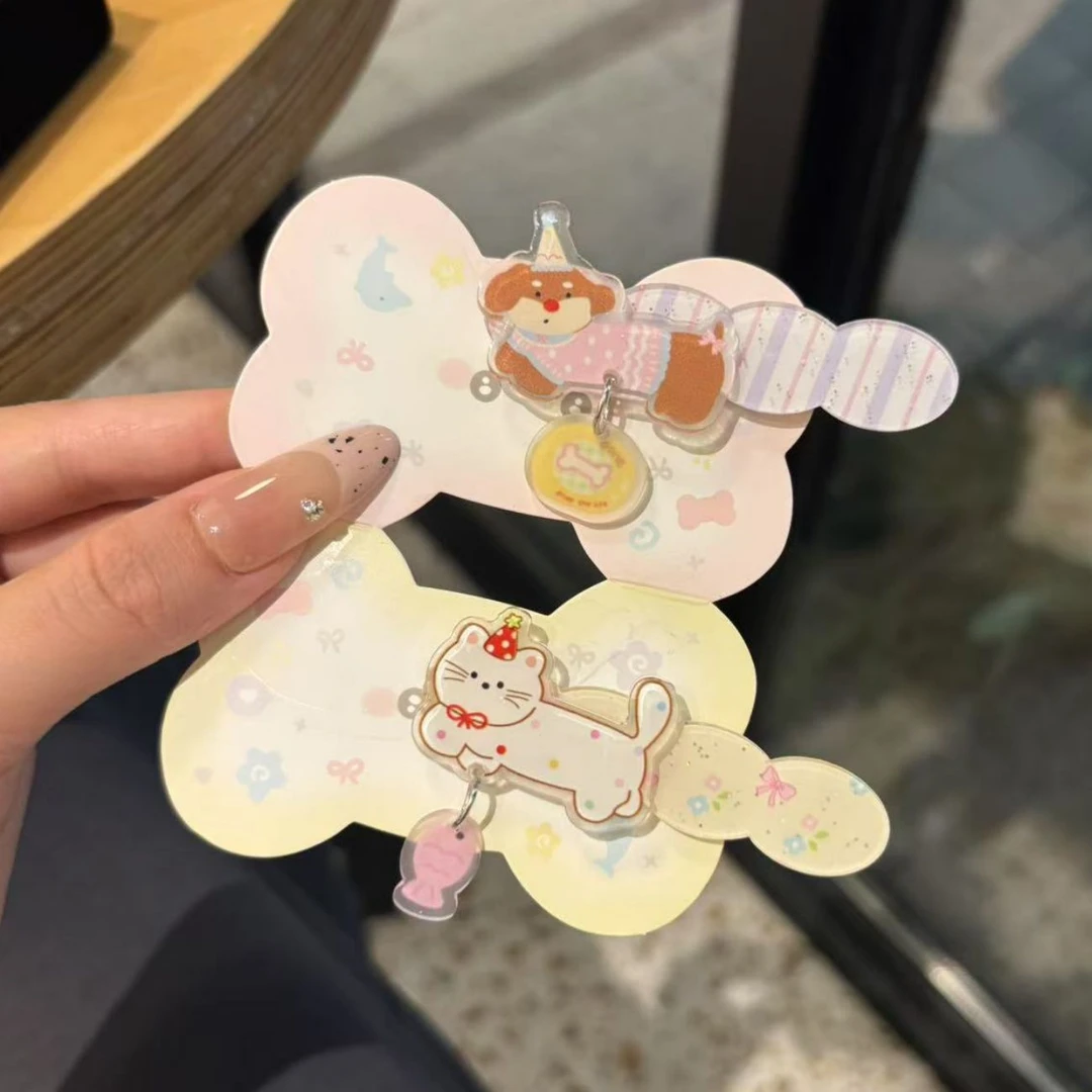 甜妹卡通小狗猫咪发夹可爱猫吃鱼少女侧边刘海夹网红ins风发卡