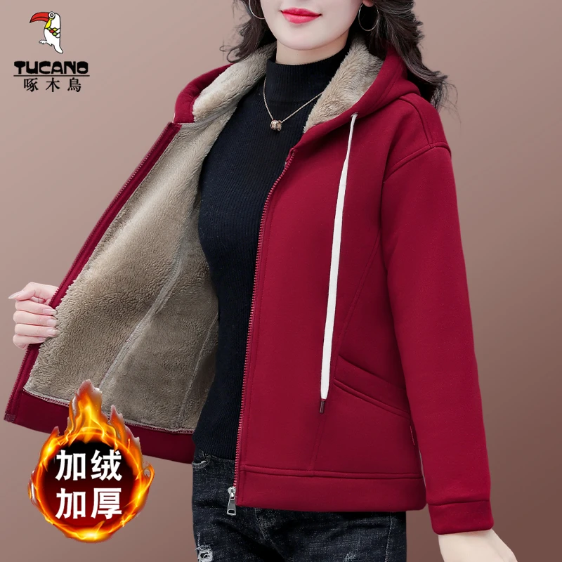啄木鸟加绒外套女2025秋冬新款冬季保暖舒适百搭时尚显瘦开衫外套