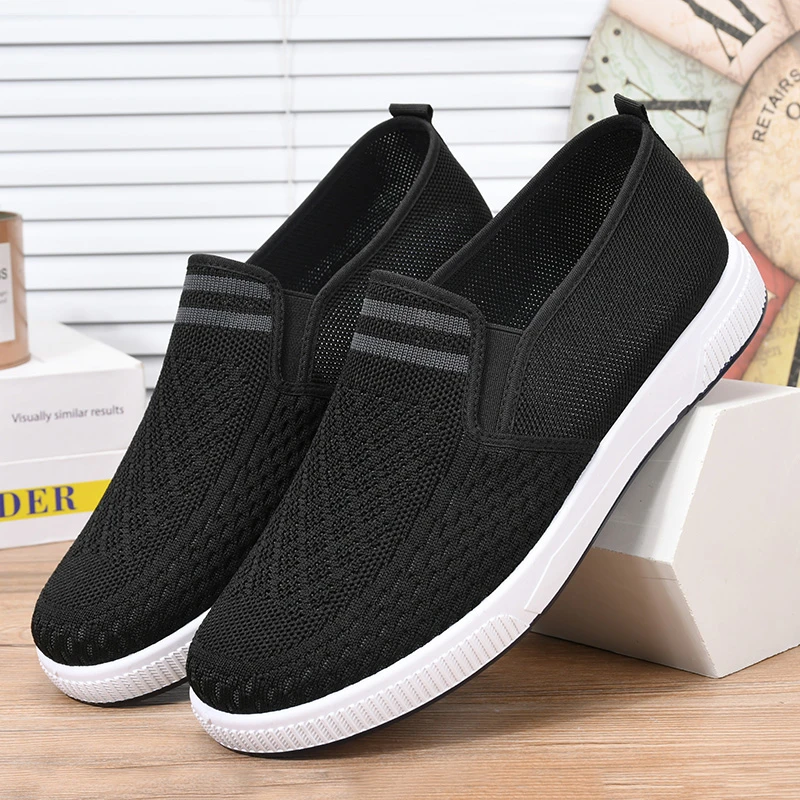 春夏款简约时尚老北京布鞋男真飞织网面透气爸爸鞋一脚蹬懒人网鞋