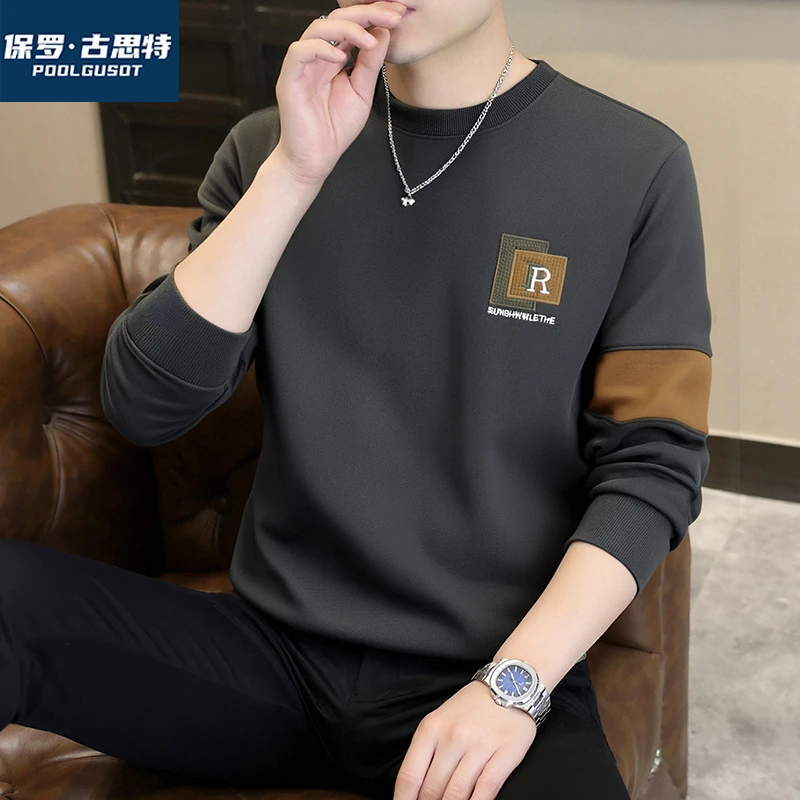 保罗·古思特秋冬新款男士长袖卫衣潮流字母刺绣休闲打底衫拼接