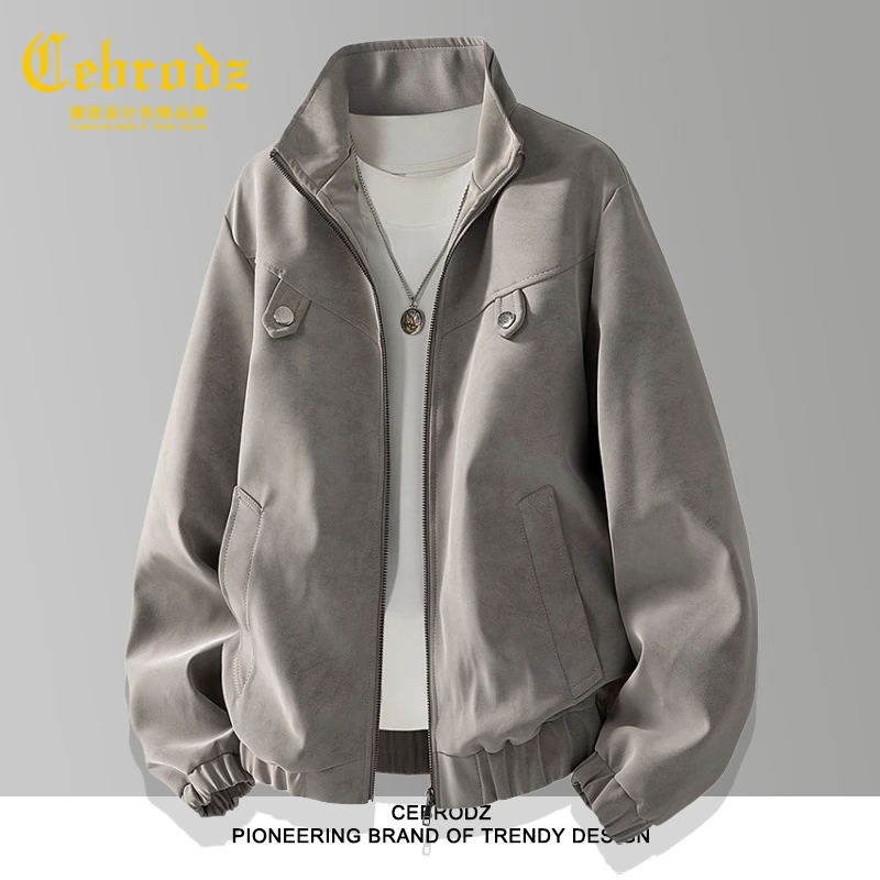 法国Cebrodz复古新款仿麂皮立领皮夹克大码宽松秋季休闲夹克外套