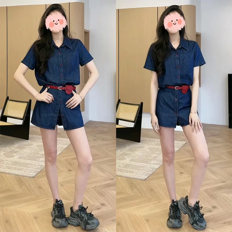 痞帅炸街风女装2025夏季港风短袖衬衫显瘦上衣遮肉短裙裤牛仔套装