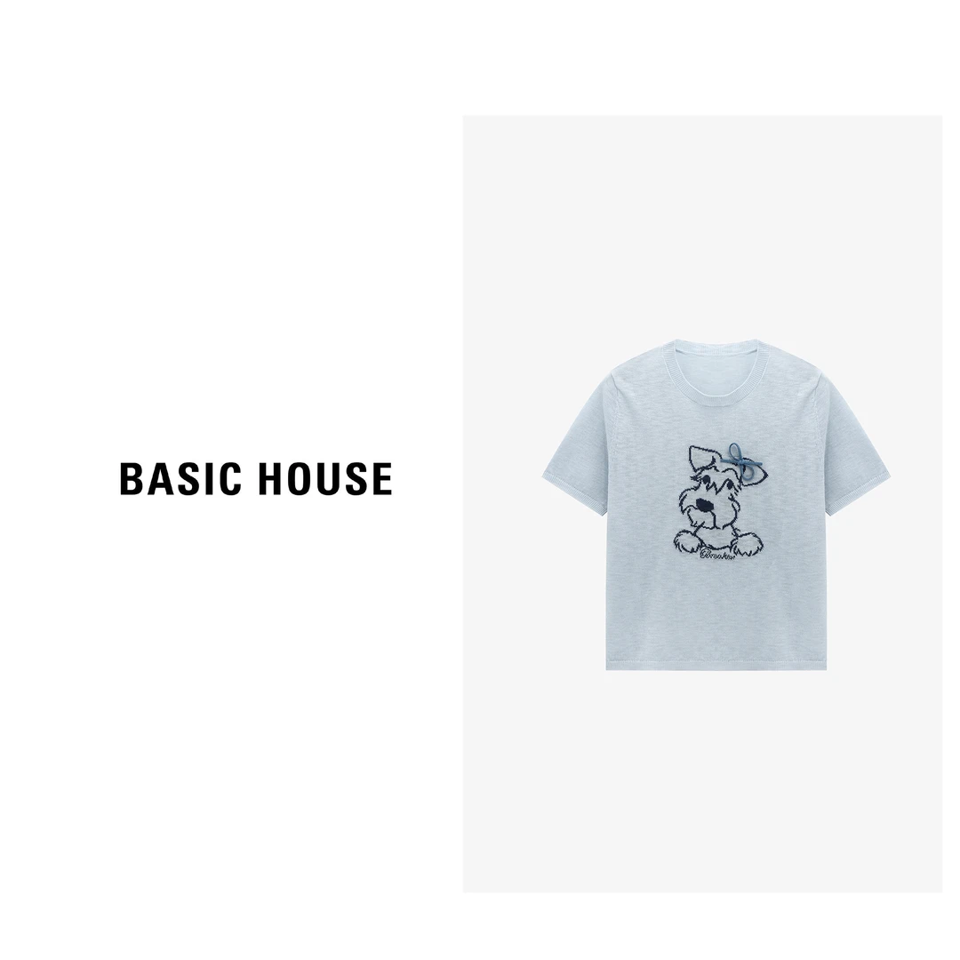 Basic House/百家好夏季短袖宽松小狗圆领百搭针织衫-B0625B5U842
