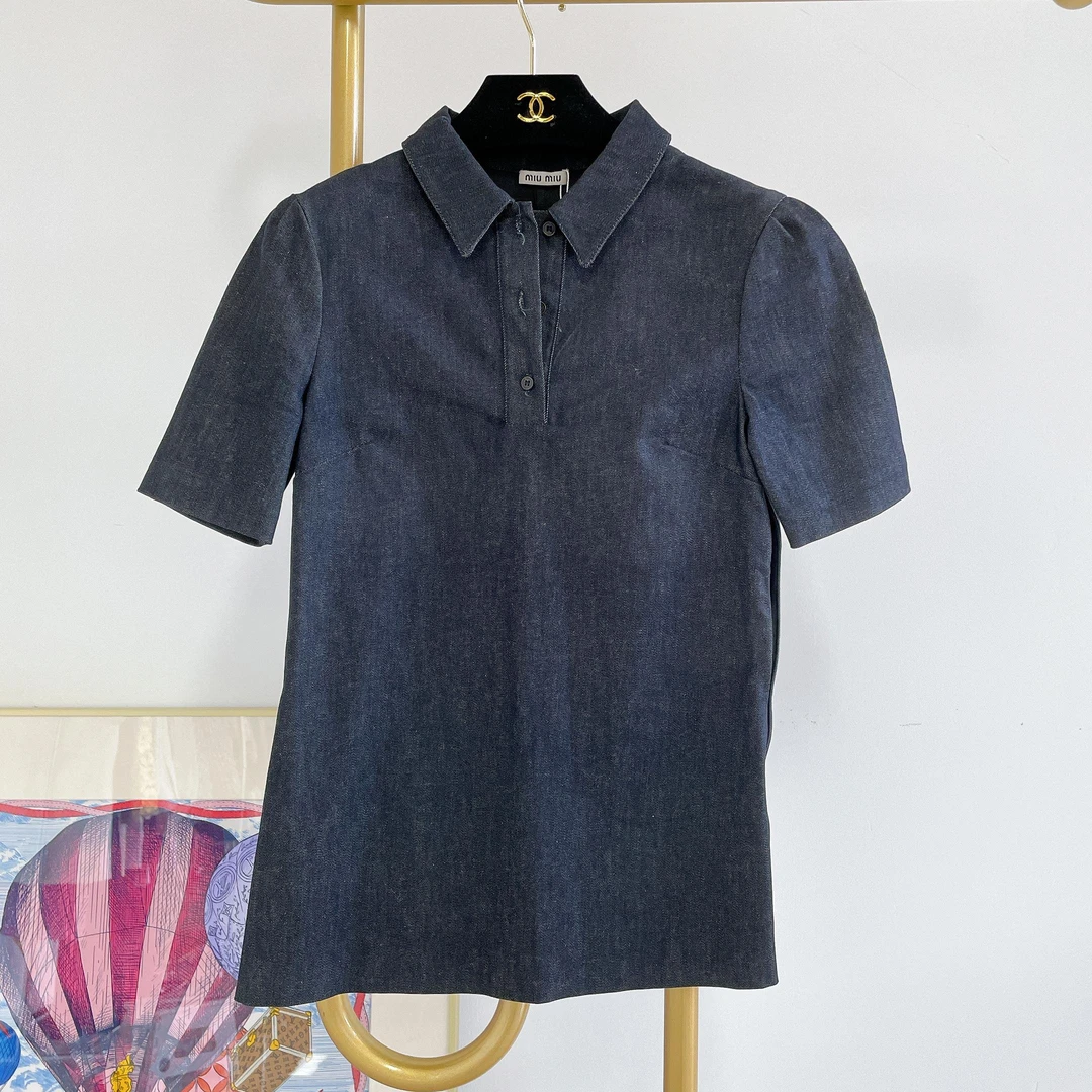 95新 MIU MIU/缪缪 牛仔拼皮短袖T恤  /0570480015003