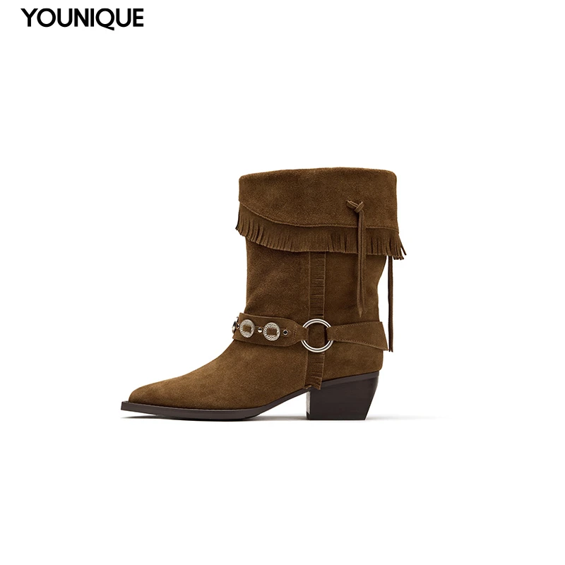 【BREADTREE】面包树新品25秋冬复古流苏中筒西部靴女