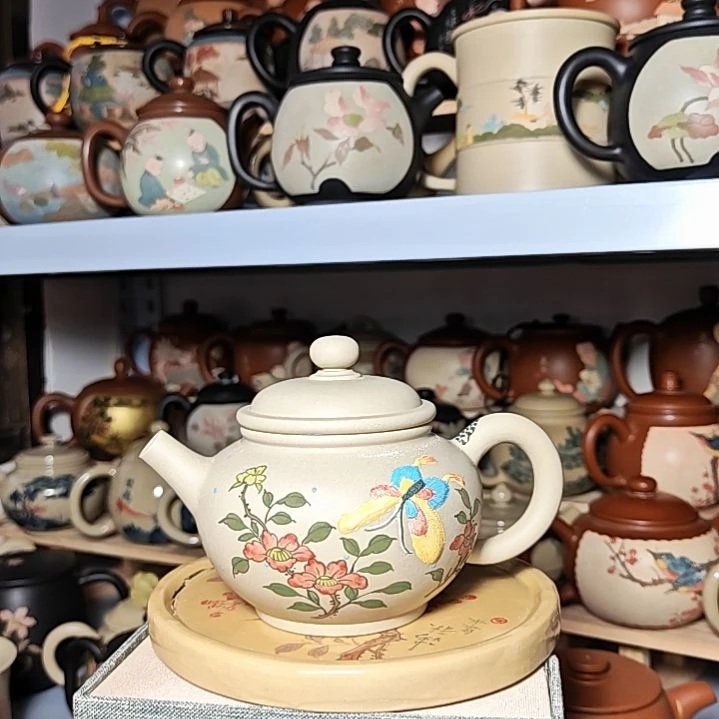 建水紫陶堆雕刻绘茶壶复烧