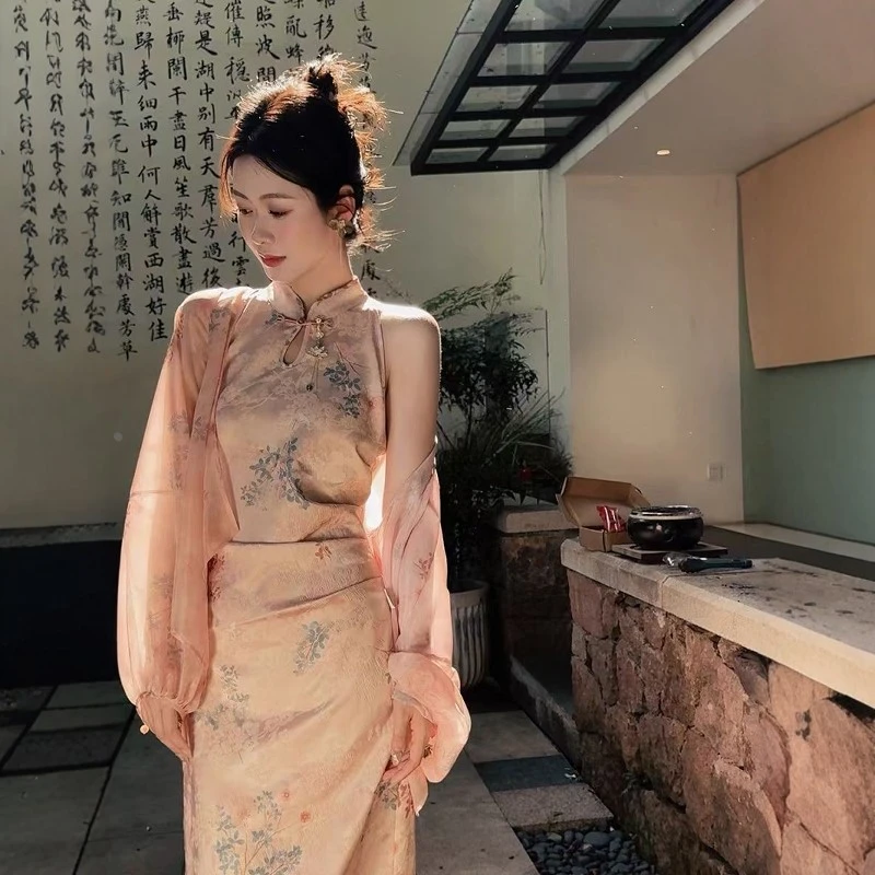 新中式年轻改良旗袍连衣裙女复古优雅禅意吊带裙加披肩仙女套装裙