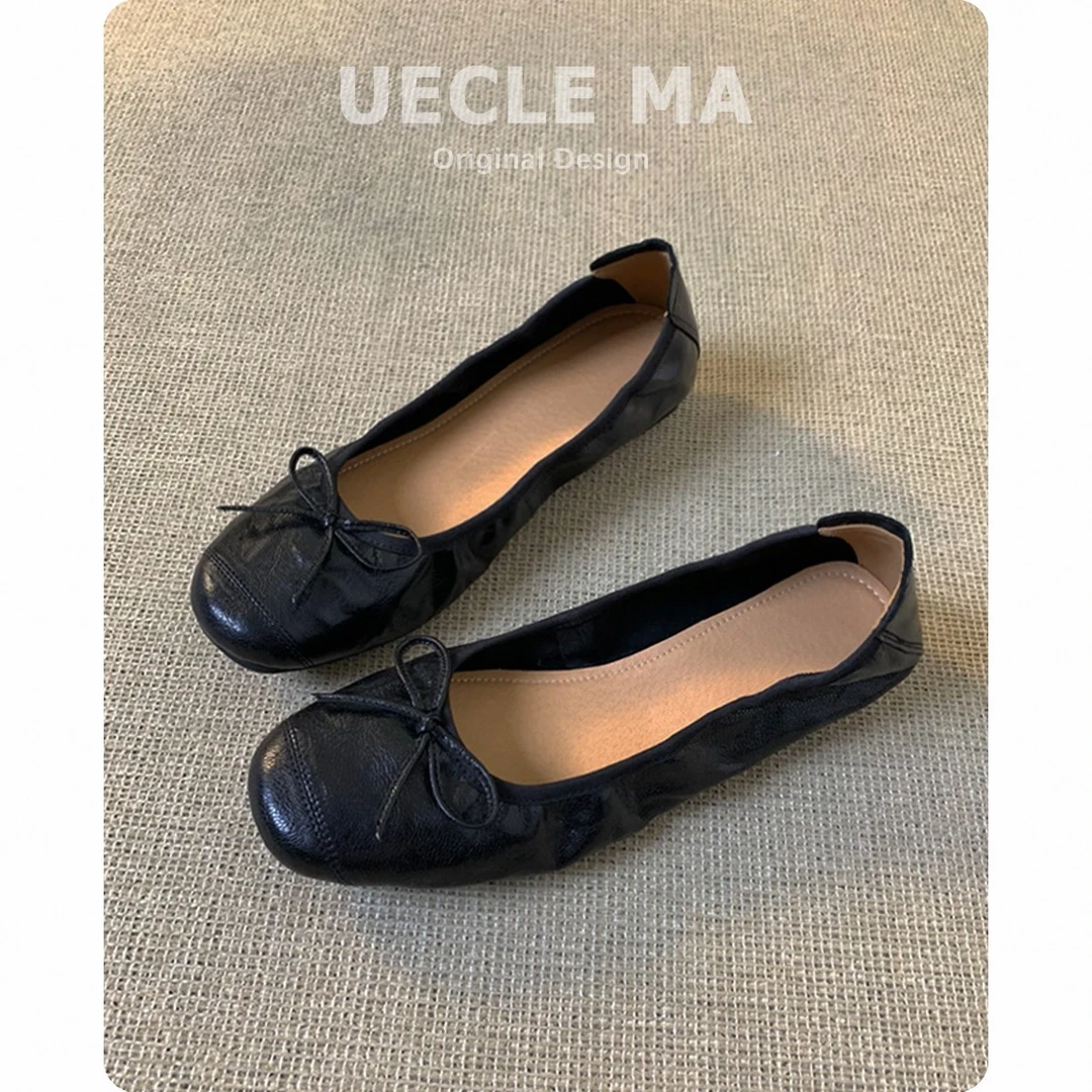 头层牛皮~复古浅口单鞋女平底百搭蝴蝶结晚晚鞋子超软蛋卷芭蕾鞋