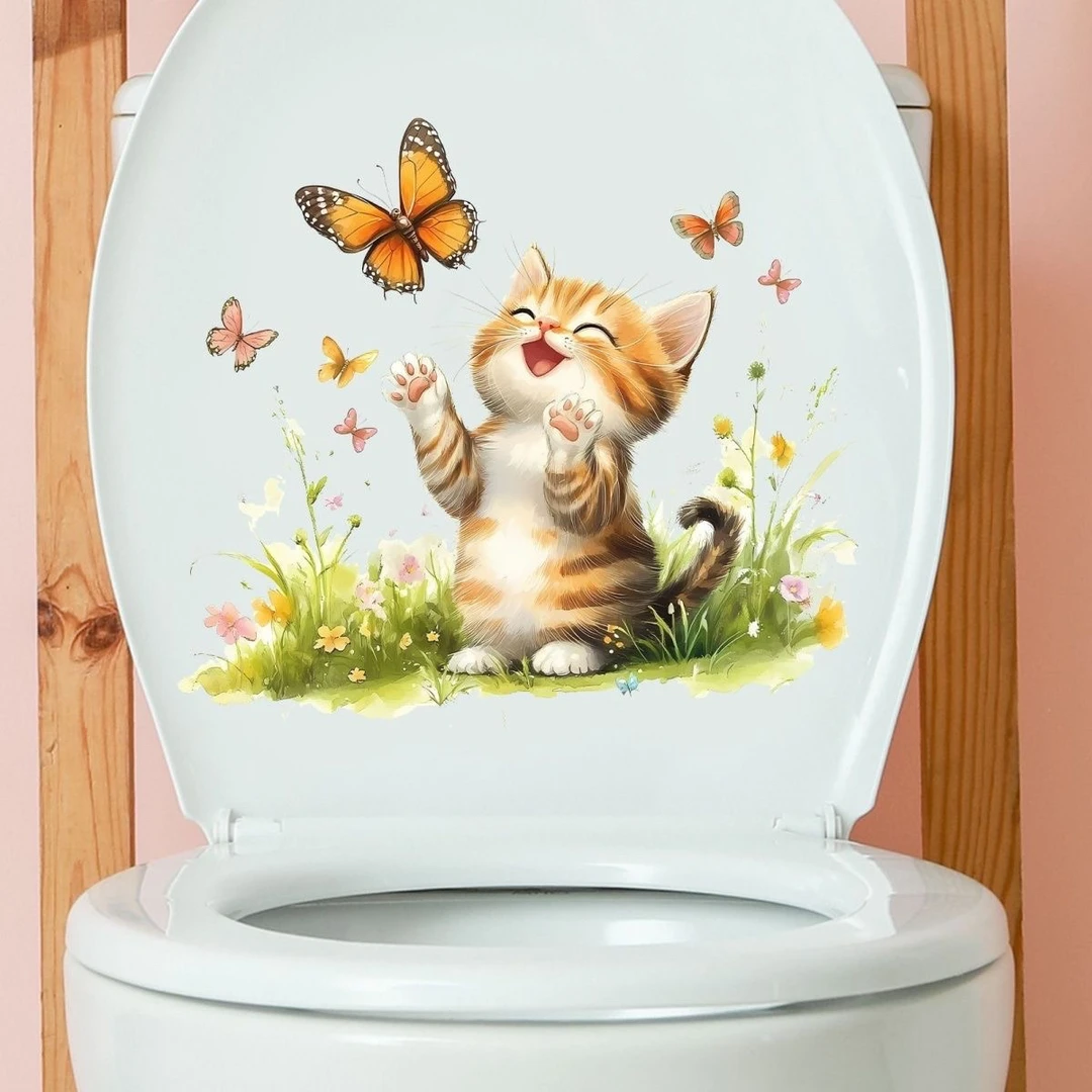 卡通动物萌趣猫咪蝴蝶花卉马桶盖贴浴室卫生间防水冲水箱装饰墙贴