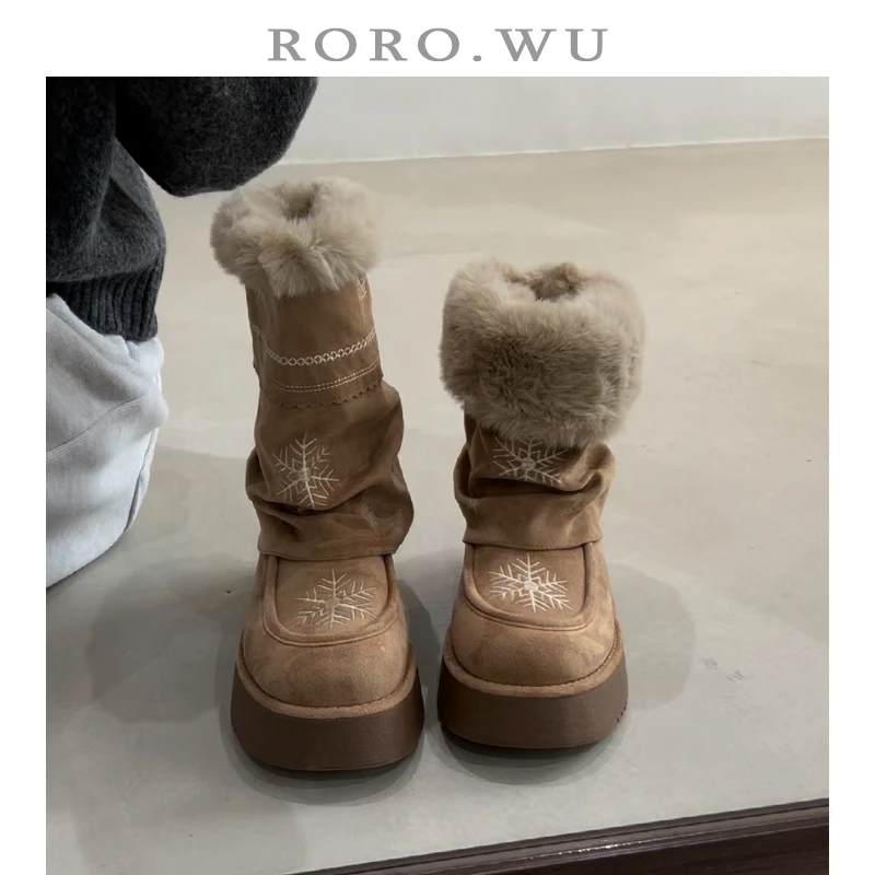 娆娆吴·雪花刺绣加绒保暖堆堆棉靴冬季新款厚底雪地靴女Z137