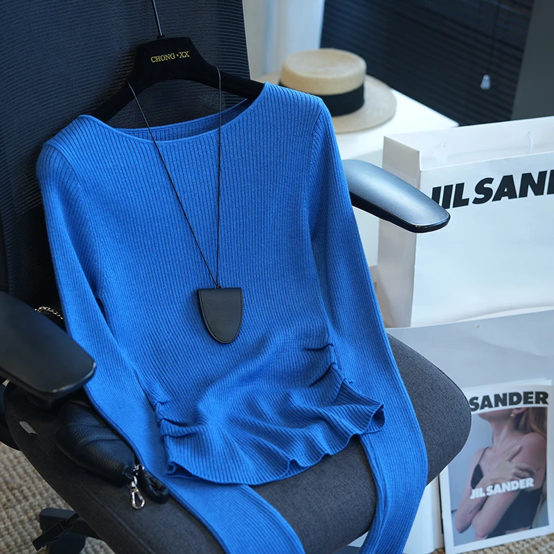 大码克莱因蓝圆领坑条褶皱长袖针织衫女2025秋季新款百搭显瘦上衣