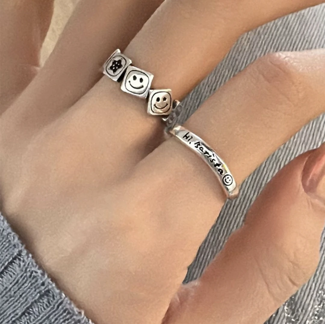 韩国小众设计复古做旧方块笑脸戒指女ins风时尚个性开口可调节