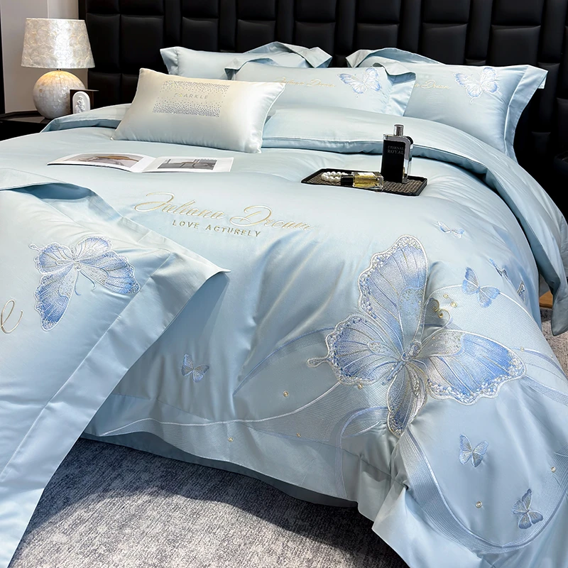 纯棉简约轻奢纯色小清新绣花高档礼盒欧式南通全棉床上用品四件套