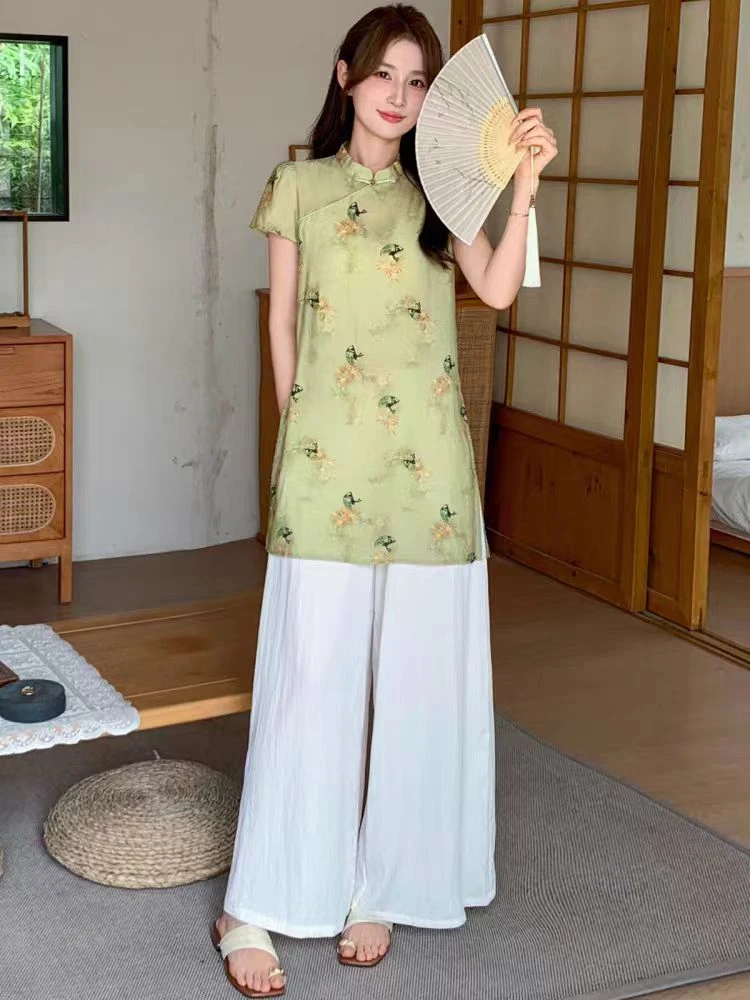 2025新款新中式休闲风通勤静奢风时尚上衣短袖茶服显瘦时尚女装