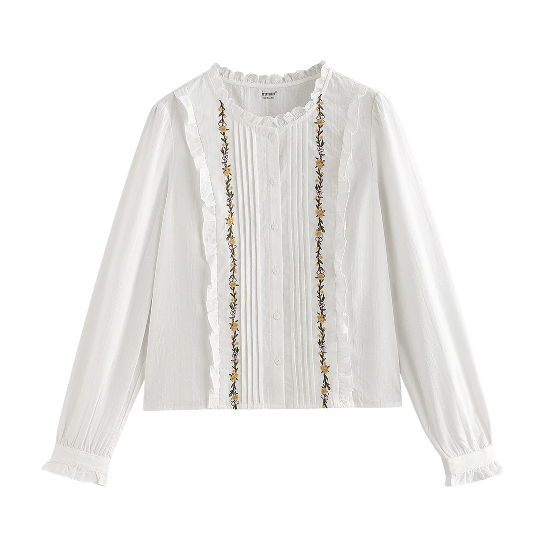 【莫瑞系穿搭】茵曼25秋季法式荷叶领刺绣长袖衬衣通勤高级感百搭衬