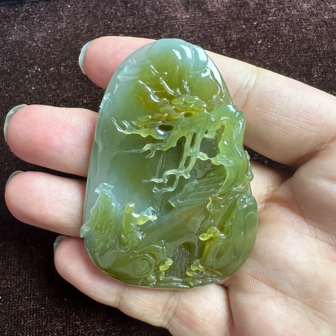 萃石尚翡翠黄加绿山水牌怡然自得雕刻绿色俏色精雕时尚