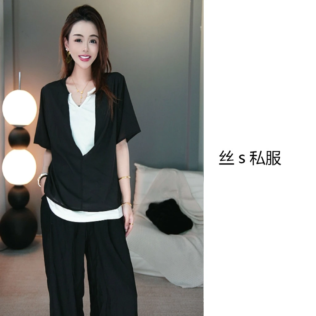 丝s私服【轻纱】夏季设计感撞色拼接假两件网纱短袖上衣T恤F1606