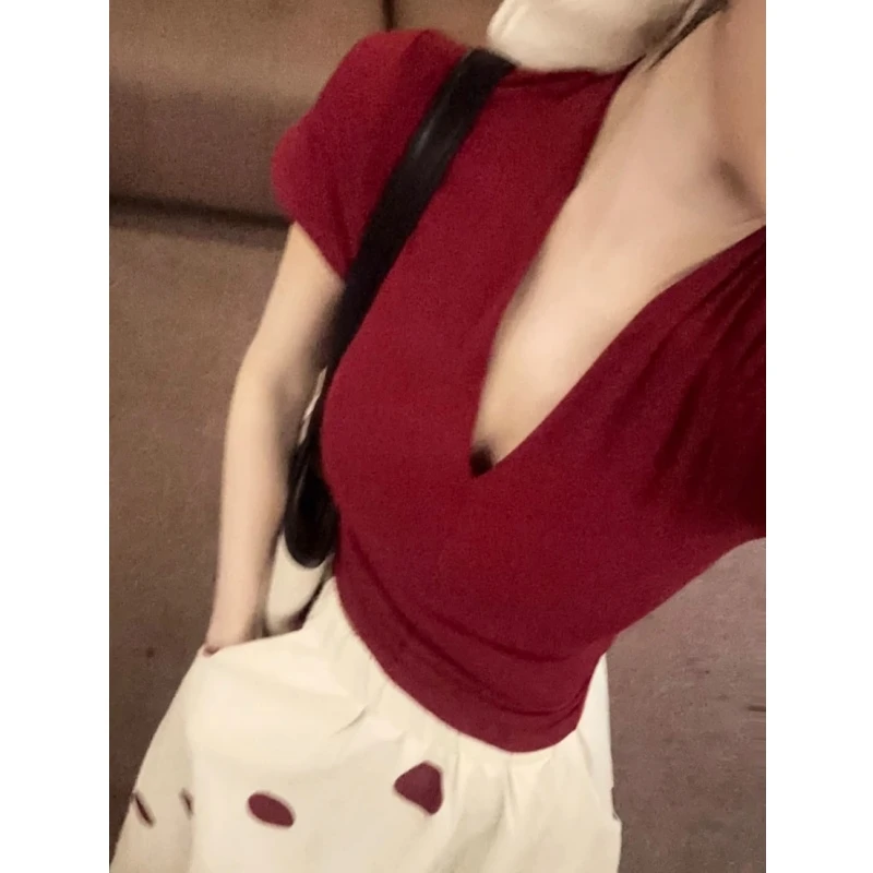 2025夏季新款气质辣妹修身V领短袖上衣大摆波点a字裙时尚女装820