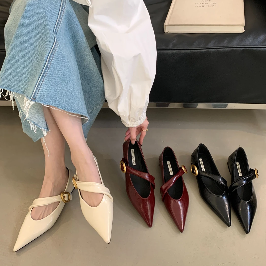 真皮内增高轻奢风时尚金属斜扣尖头法式玛丽珍气质单鞋女鞋20-5