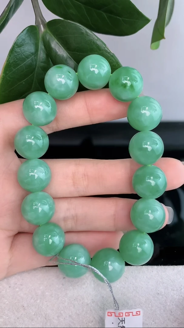 天然翡翠A货冰润满绿满色果阳绿大颗圆珠手串手链卡14mm缅甸玉石