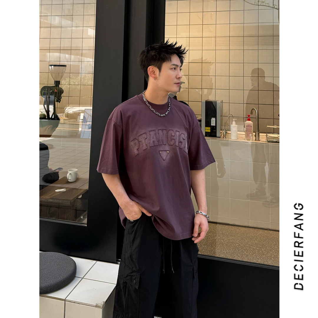 美式复古水洗做旧重磅短袖T恤宽松休闲时尚圆领上衣