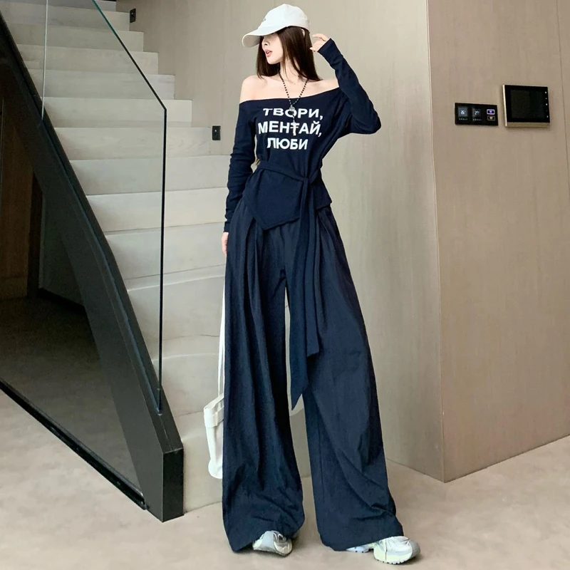 高级感时尚休闲套装女秋季新款性感斜肩上衣+显瘦阔腿裤两件套潮