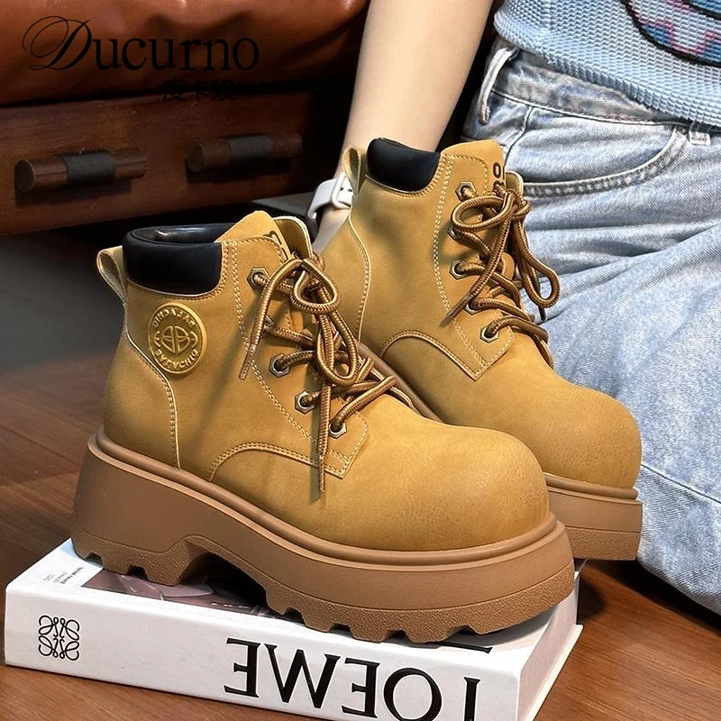 覆古真皮系带松糕厚底马丁靴女英伦风小个子增高大黄靴机车靴短靴