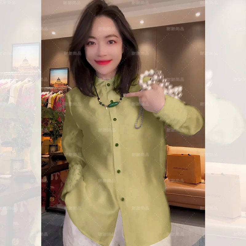 2025年春网纱透视立领长袖侧开叉衬衫女时尚简约拼接袖休闲衬衣潮