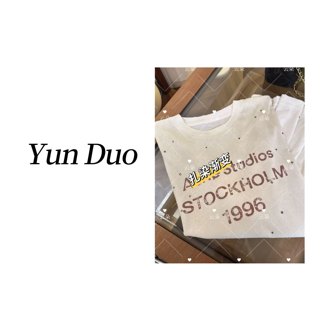 云朵定制 手喷做旧烫钻长袖扎染渐变T恤LD43